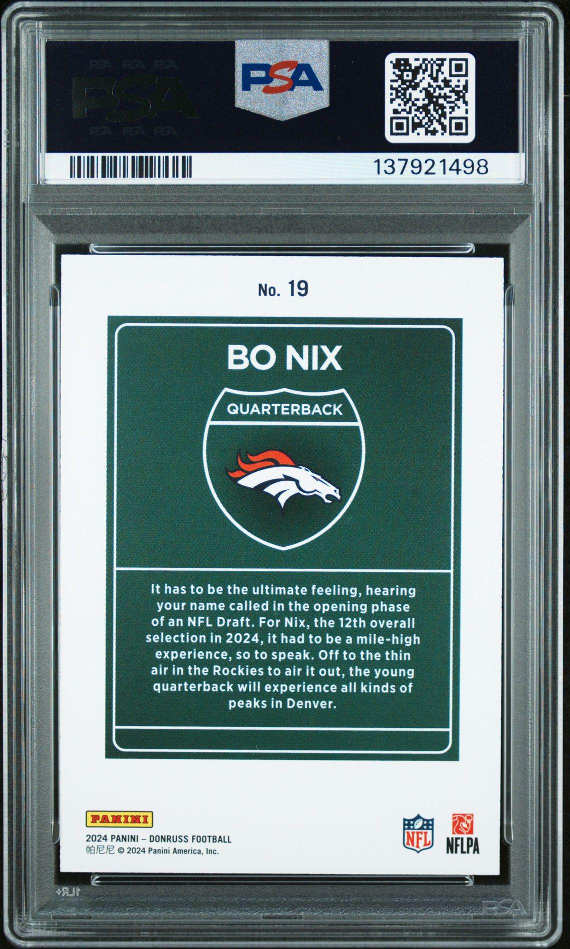 2024 Donruss 19 Bo Nix Downtown! Rookie RC SSP PSA 9