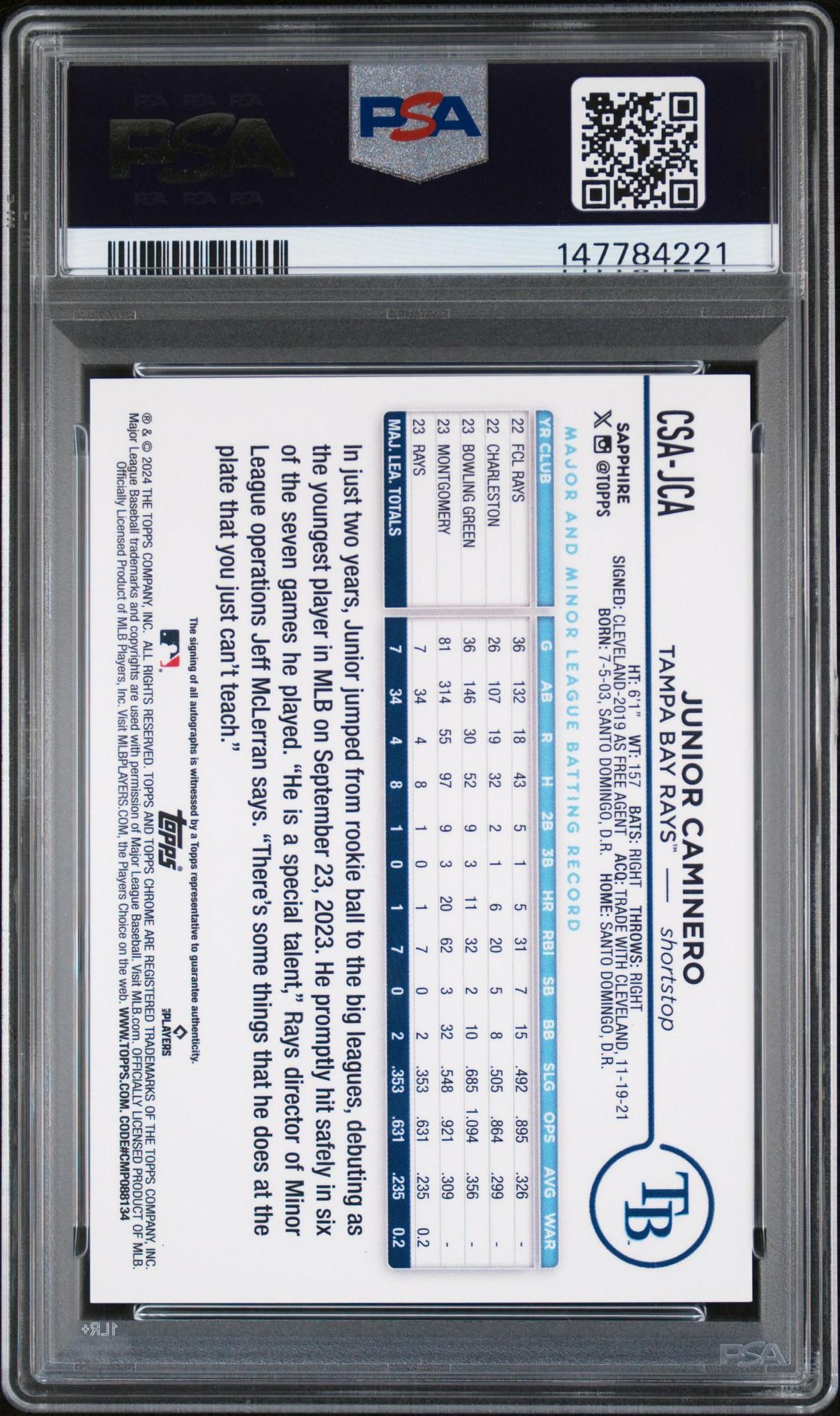 2024 Topps Chrome Sapphire Junior Caminero RC Auto 195/199 PSA 9