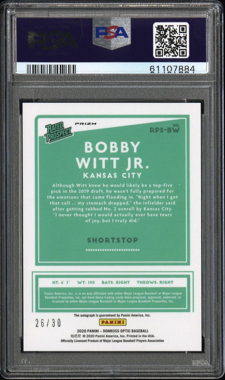 2020 Donruss Optic Bobby Witt Jr. Rated Prospects Signatures Teal Velocity 26/30 PSA 10