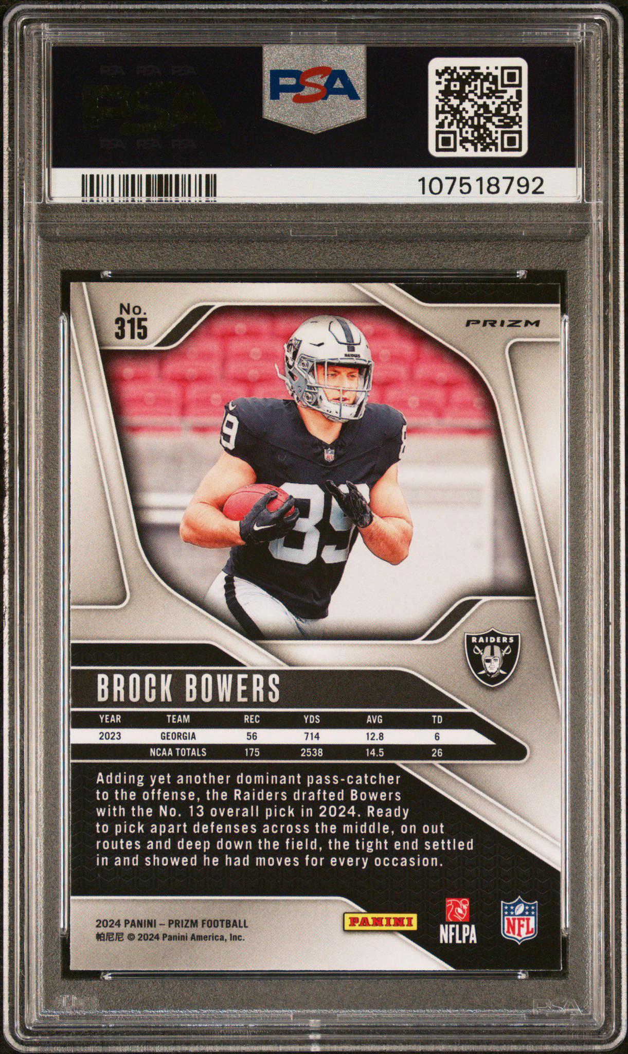 2024 Prizm #315 Brock Bowers White Sparkle PSA 9