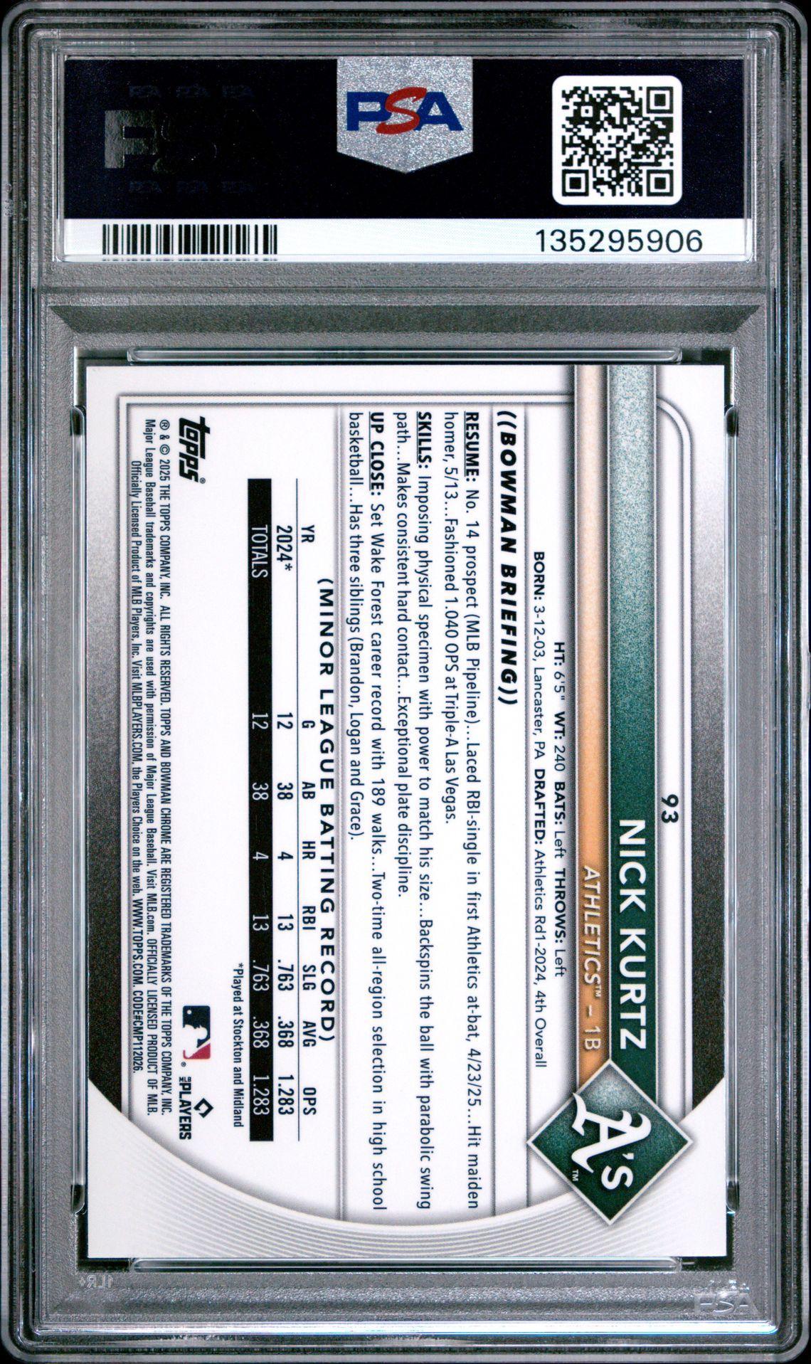 2025 Bowman Chrome 93 Nick Kurtz Green Wave RC 86/99 PSA 10
