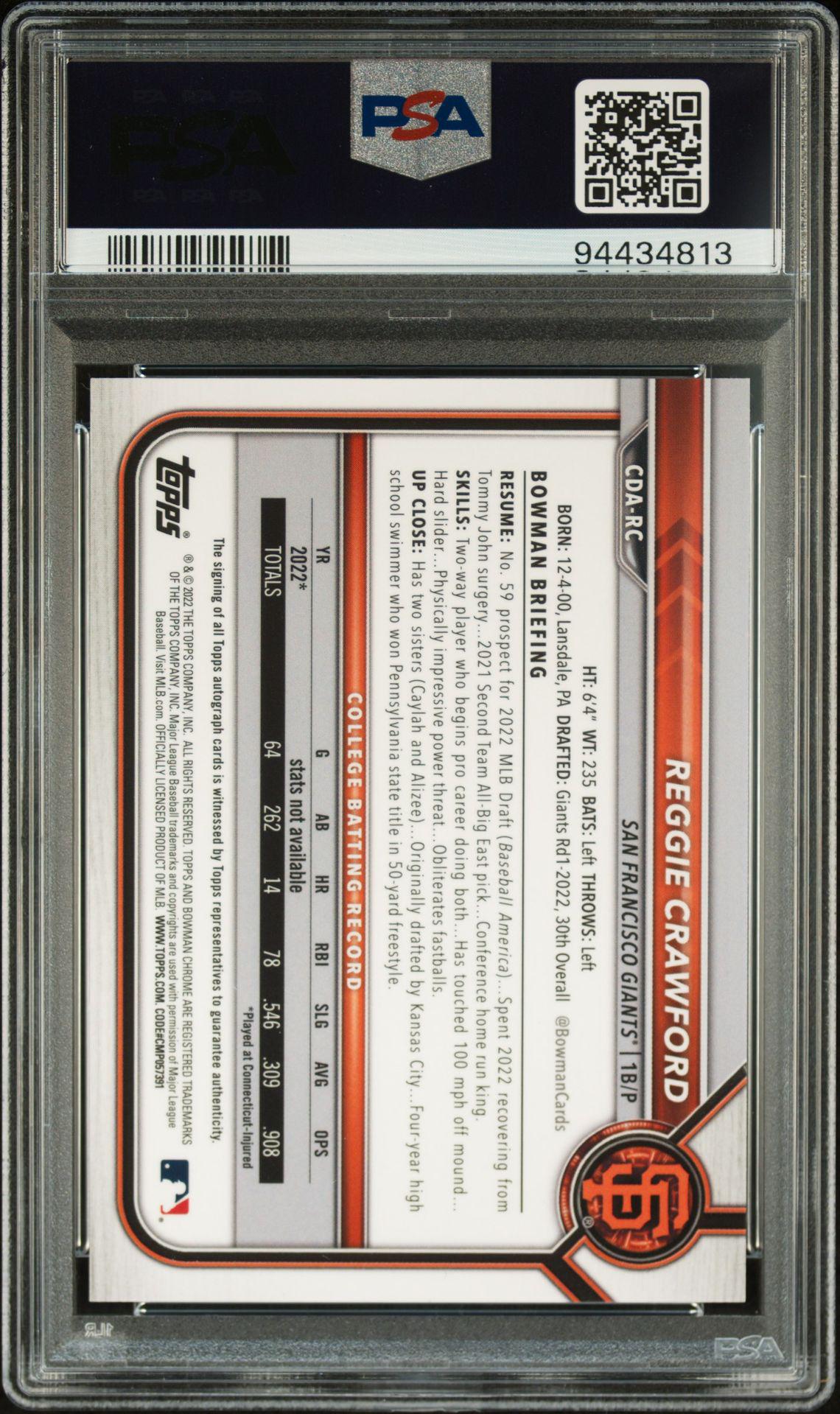 2022 Bowman Draft CDARC Reggie Crawford Raywave Refractor Auto PSA 10