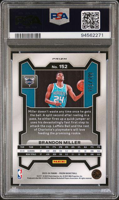 2023-24 Panini 152 Brandon Miller Blue Prizm RC 113/199 PSA 9