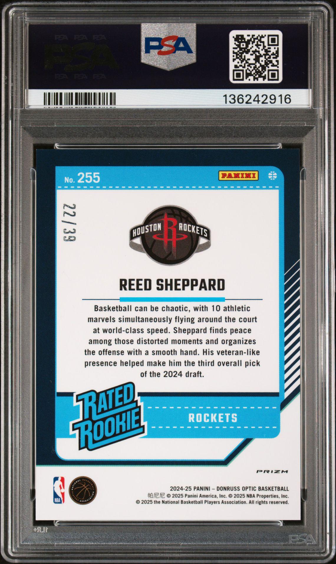 2024-25 Panini Donruss Optic 255 Reed Sheppard Black Velocity RC 22/39 PSA 10