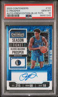 2023-24 Contenders 131 Olivier-Maxence Prosper FOTL Premium Edition Blue Shimmer RC Auto 16/21 PSA 10