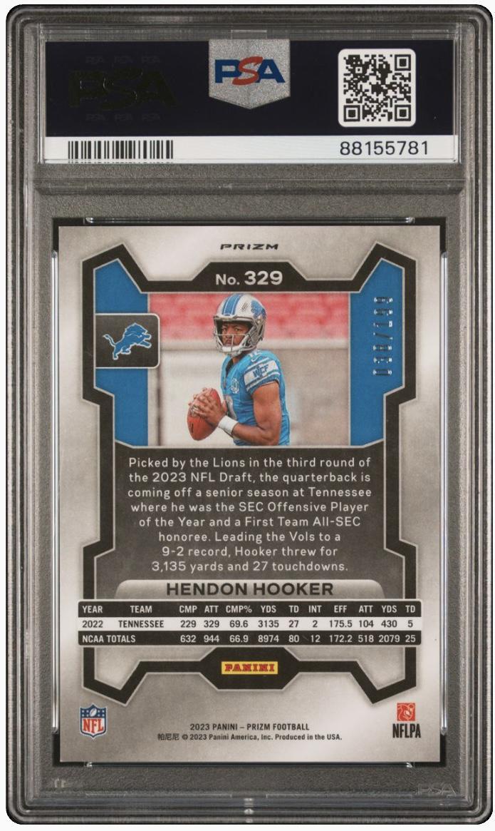 2023 Panini Prizm 329 Hendon Hooker Blue Wave RC 38/199 PSA 9