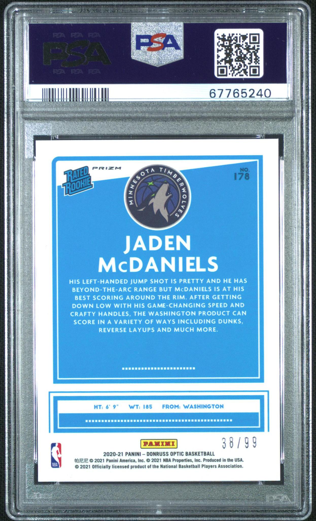 2020 Panini Optic 178 Jaden McDaniels Red Prizm /99 PSA 10