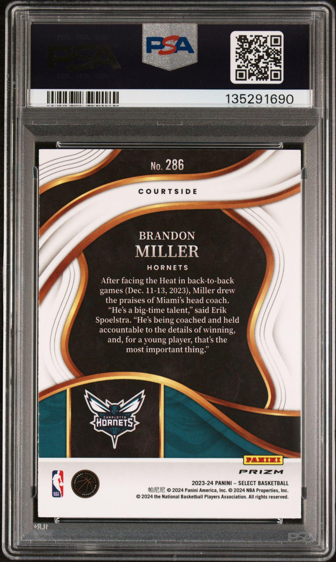 2023 Panini Select 286 Brandon Miller Zebra Courtside SSP RC PSA 9