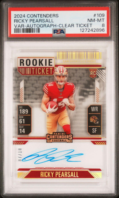 2024 Contenders 109 Ricky Pearsall Variation Auto Clear Ticket /10 RC PSA 8