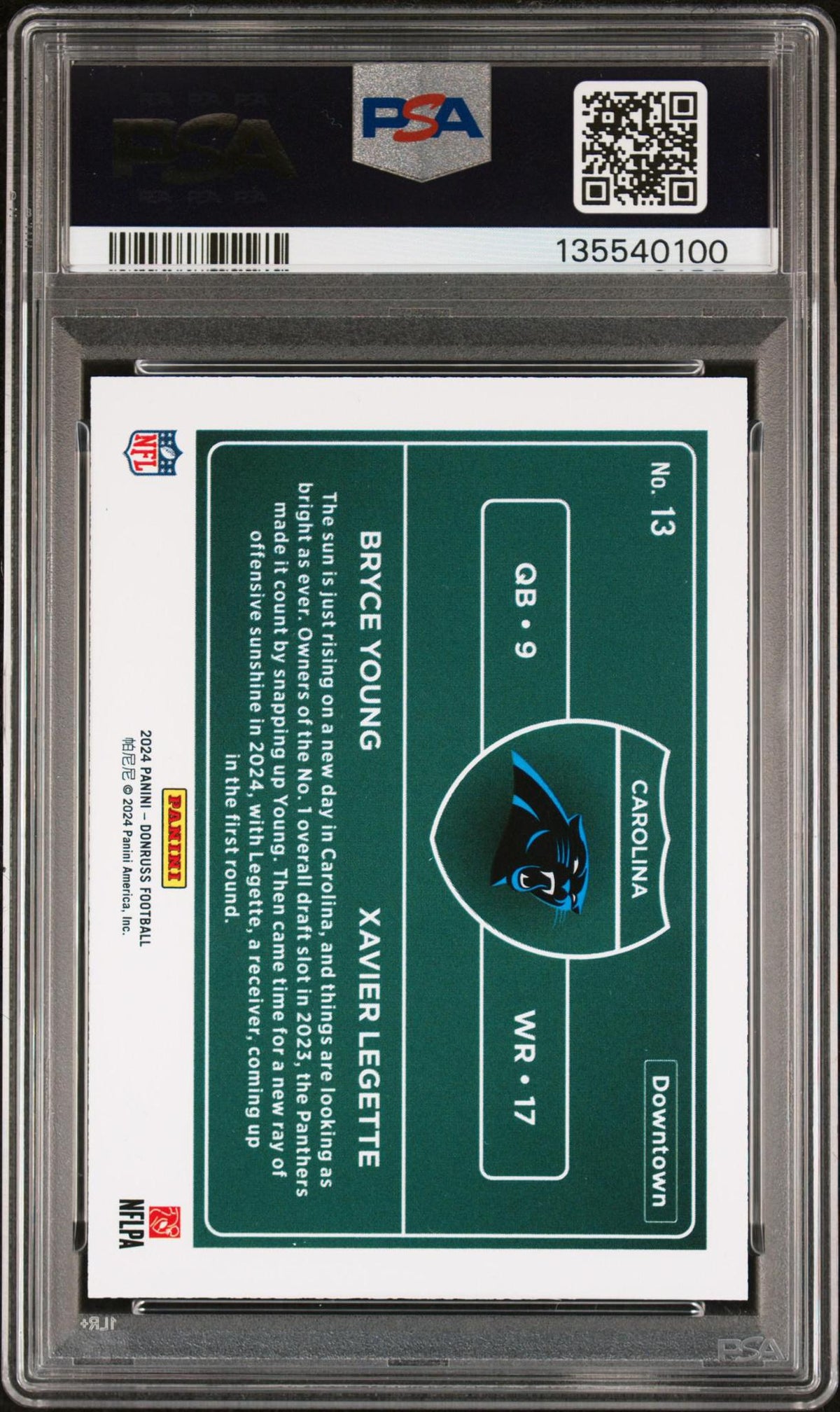 2024 Donruss 13 Dual Downtown Bryce Young Xavier Legette SSP RC PSA 10 POP 9