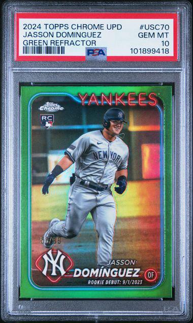 2024 Topps Chrome Update 70 Jasson Dominguez Green Debut RC 55/99 PSA 10