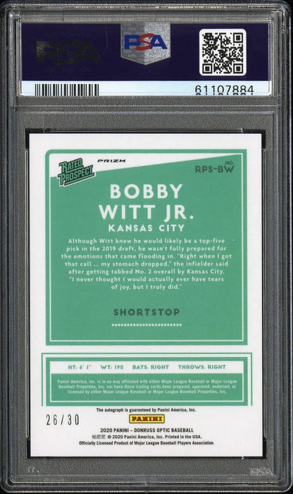 2020 Donruss Optic Bobby Witt Jr. Rated Prospects Signatures Teal Velocity 26/30 PSA 10