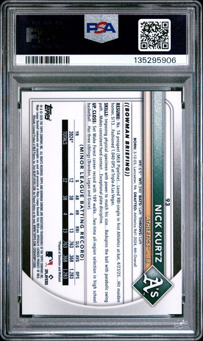 2025 Bowman Chrome 93 Nick Kurtz Green Wave RC 86/99 PSA 10