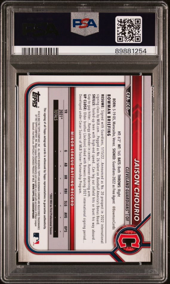2022 Bowman Chrome Prospect Autographs CPAJCO Jaison Churio PSA 9