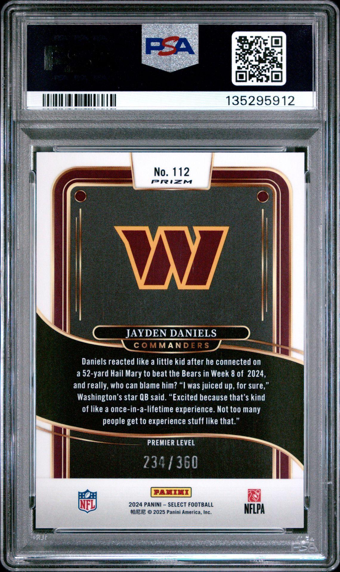 2024 Panini Select 112 Jayden Daniels Purple Shock RC 234/360 PSA 10