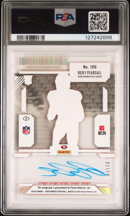 2024 Contenders 109 Ricky Pearsall Variation Auto Clear Ticket /10 RC PSA 8