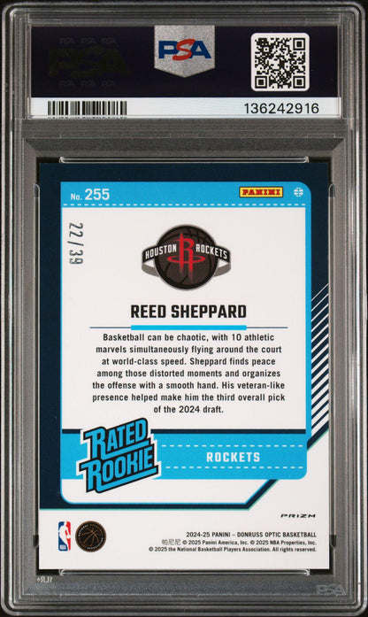 2024-25 Panini Donruss Optic 255 Reed Sheppard Black Velocity RC 22/39 PSA 10