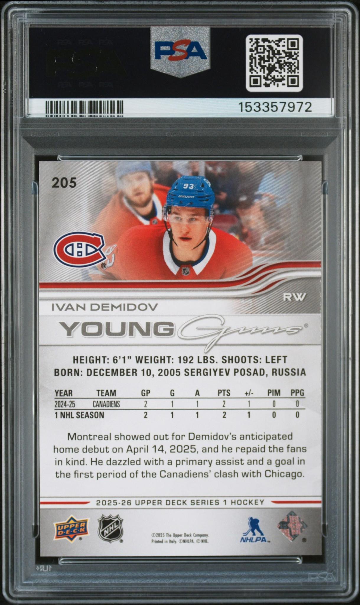 2025 Upper Deck #205 Ivan Demidov Young Guns RC PSA 10