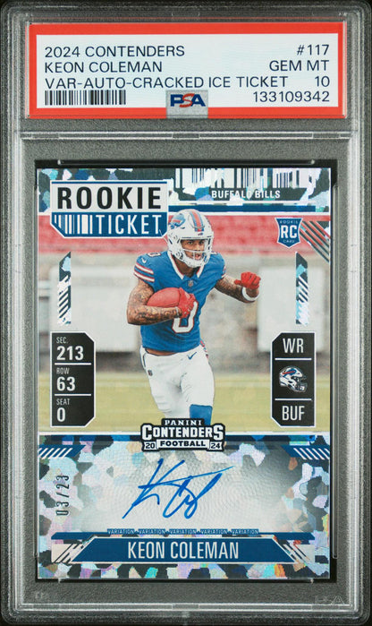 2024 Panini Contenders 117 Keon Coleman Variation Auto Cracked Ice RC Auto 3/23 PSA 10