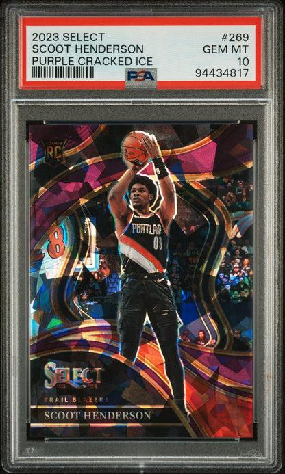 2023 Panini Select 269 Scoot Henderson Purple Cracked Ice /99 PSA 10