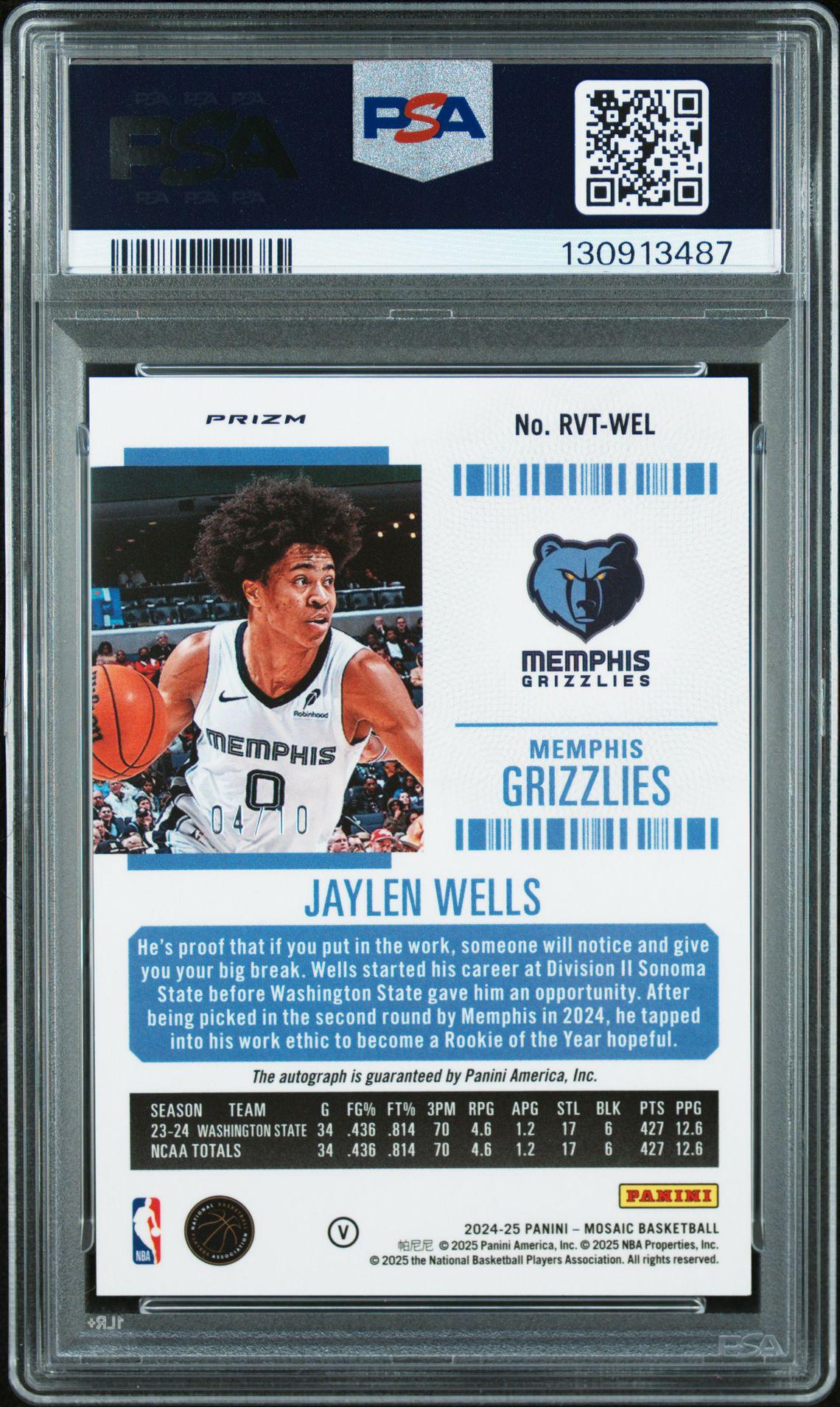 2024-25 Mosaic RVT-WEL Jaylen Wells Rookie Ticket Auto Gold /10 PSA 9