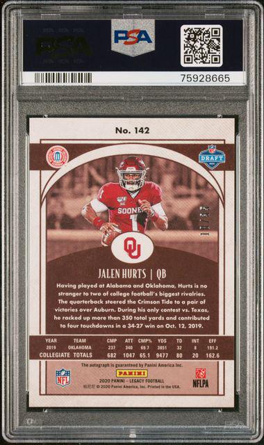 2020 Panini Legacy 142 Jalen Hurts Premium Penmanship RC Auto 18/35 PSA 9