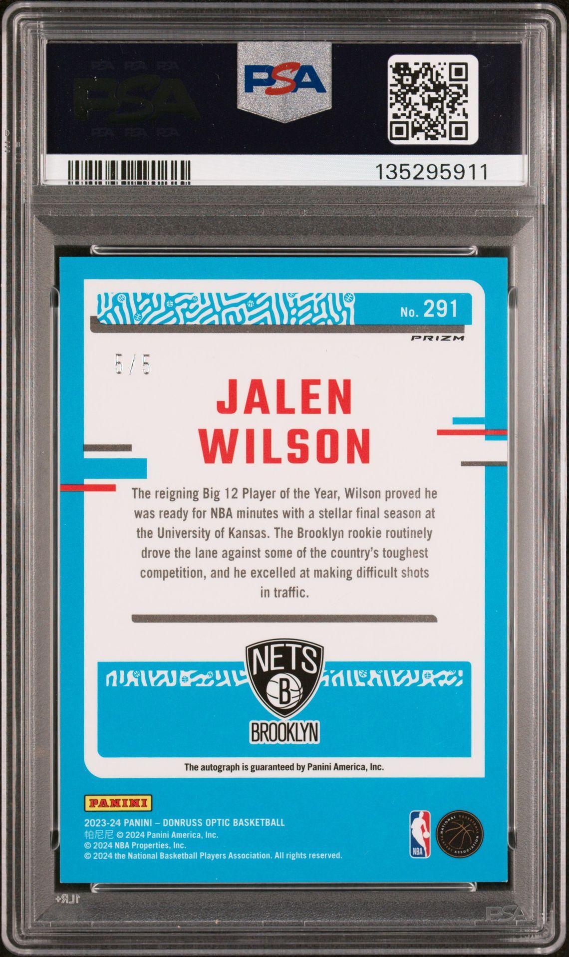 2023-24 Donruss Optic Jalen Wilson Green Rated Rookie Auto 5/5 PSA 9